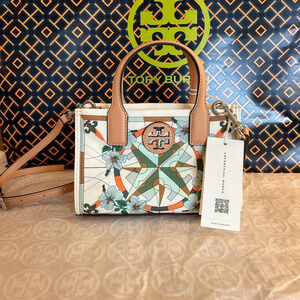 Tory Burch Ella Printed Nylon Mini Tote Bag Crossbody French Cream Floral
